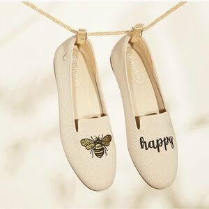 VIVAIA Cream Loafers with Bee and Happy Embroidery